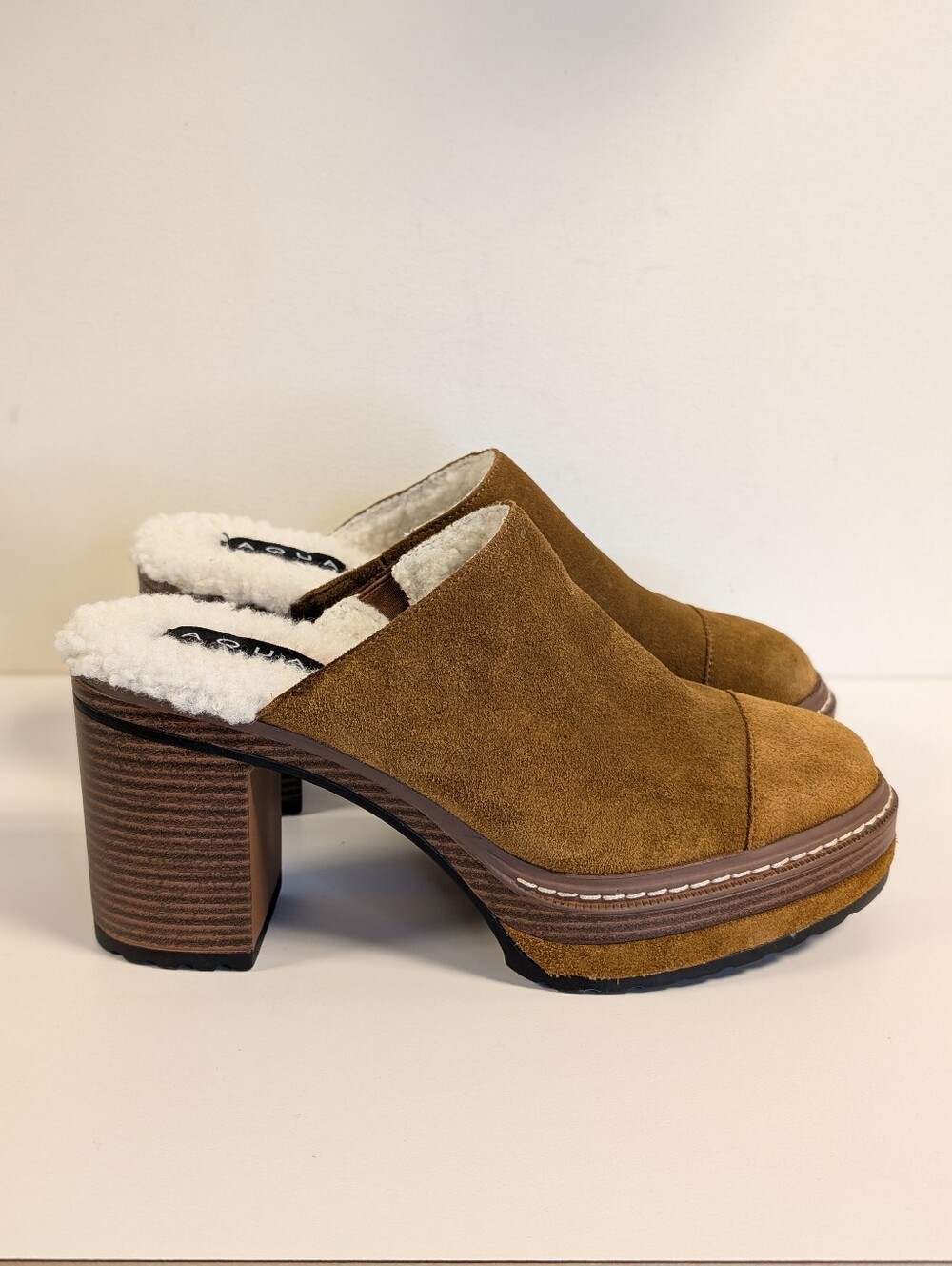 AQUA Sasha Suede Faux Fur Lined Platform Clog Mules Brown 8M